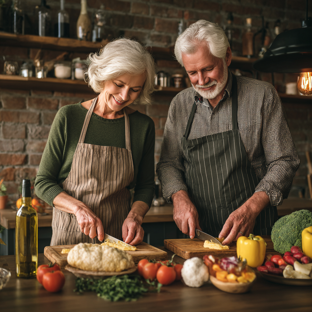 mature couple enjoying healthy meal preparation together in kitchen