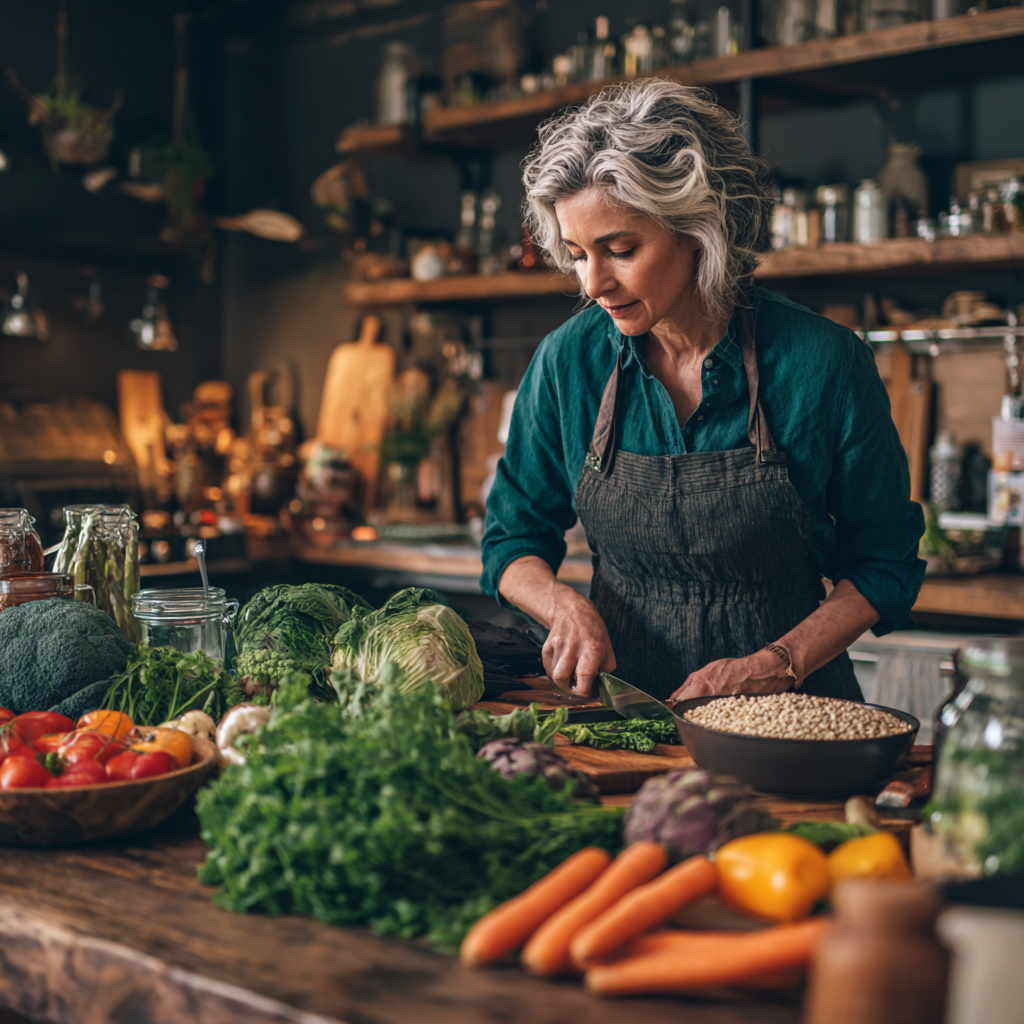 middle-aged woman preparing healthy balanced meal with fresh vegetables and grains